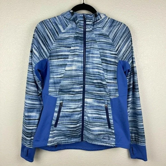 Marmot Jacket Women's Sz M Muse Track Hooded Full Zip Athletic Striped Blue - Picture 1 of 12
